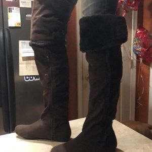 Over the knee high brown furry boots